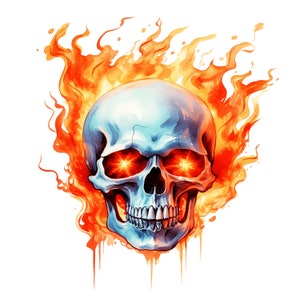 Clipart aquarelle de crânes de feu 10 illustrations JPG de tête de mort en feu lot de t-shirts à sublimation produits POD avec licence commerciale