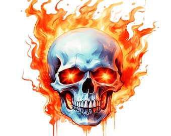 Watercolor Fire Skull Clipart: Burning Skull Illustrations (Digital Download)