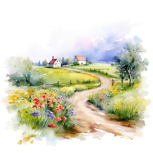 Watercolor Spring Field Clipart 10 JPG Spring Countryside Landscape Clip Art, Spring Flower Meadow PNG Whimsical Spring Clipart Images