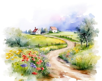水彩画 田園風景 (春の息吹き) 菜の花とたくさんの桜の木がある河川敷の風景の水彩画 イラスト素材