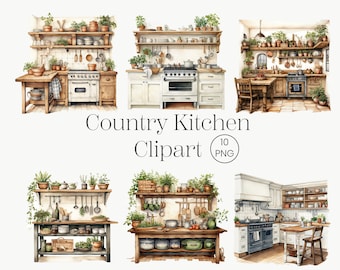 Acuarela Country Kitchen Clipart / 10 archivos PNG / Rustic Vintage Cottage Clipart Tiny House, gráficos imprimibles, licencia comercial