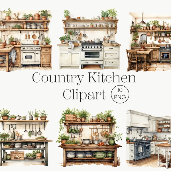 Watercolor Country Kitchen Clipart | 10 PNG files | Rustic Vintage Cottage Clipart Tiny House, printable graphics, Commercial license