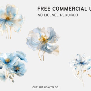 Fiori astratti Clipart 10 PNG fiori blu, stampabile oro e blu matrimonio acquerello Clipart Digital Download licenza commerciale immagine 3