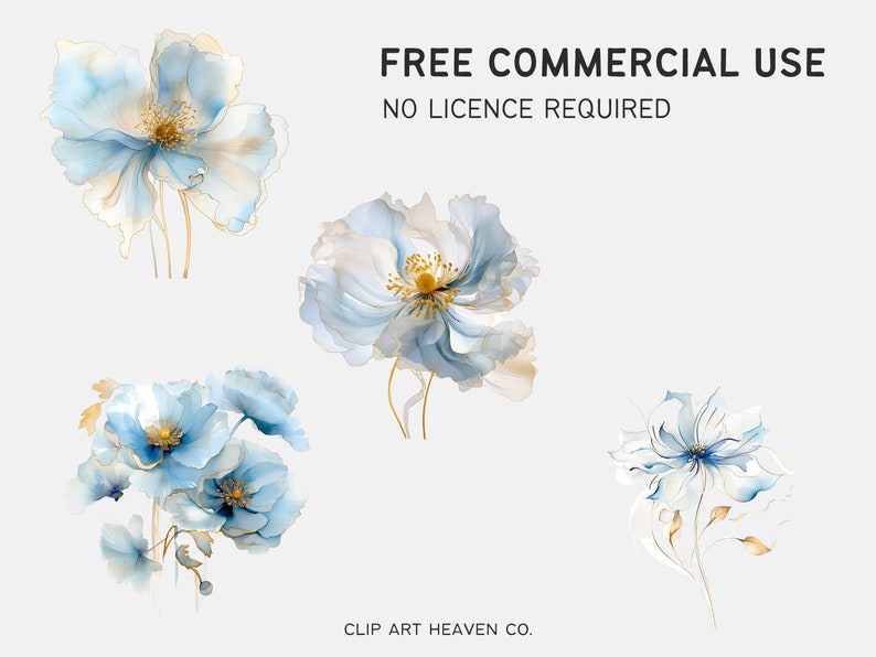 Fiori astratti Clipart 10 PNG fiori blu, stampabile oro e blu matrimonio acquerello Clipart Digital Download licenza commerciale immagine 3