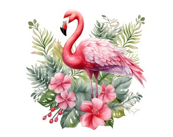 Watercolor Flamingo Clipart: Floral Tropical Bird Art (Digital Download)