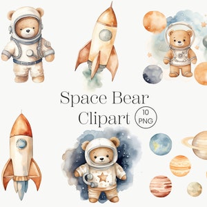 Clipart espace ours en peluche | 10 PNG | Aquarelle ours astronaute Clipart aquarelle Clipart Boho extra-atmosphérique graphiques fusée Animal