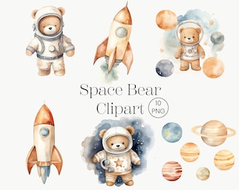 May include: Watercolor clipart set featuring a brown bear dressed as an astronaut, a rocket ship, and planets. The bear is wearing a white spacesuit with a blue belt and a star on its chest. The rocket ship is red and white with a blue flame. The planets are various colors and sizes.