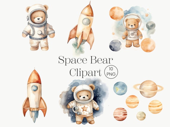 Teddy Bear Space Clipart | 10 PNG | Watercolor Bear Astronaut Clipart Watercolor Clipart Boho Outer Space Graphics Rocket Ship Animal
