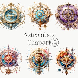 Aquarell Astrolabien Clipart 10 PNG Magische Fantasy Celestial PNG Digital Light Academia Art Print Digital Download Kommerzielle Nutzung
