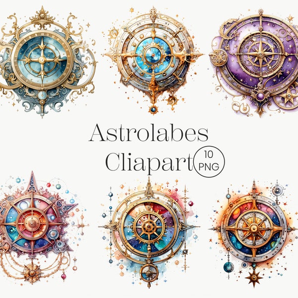 Watercolor Astrolabes Clipart 10 PNG Magical Fantasy Celestial PNG Digital Light Academia Art Print Digital Download Commercial Use