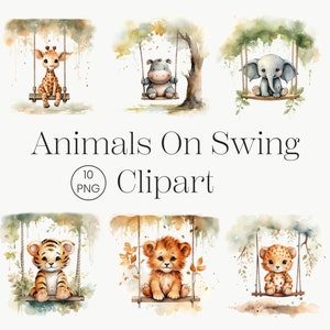 Safari Animals Watercolor Clipart: Baby Animals on Swings (PNG Digital Download)