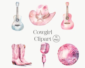 Coastal Cowgirl Clipart | 10 PNG | Watercolor Cowgirl Boots, Disco Cowgirl Clipart Bundle, Digital Download PNG, Digital Download