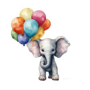 Baby Elephant Balloons Clipart | 10 JPG | Watercolor Birthday Clipart ...