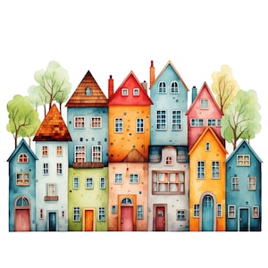 Quirky Houses Clipart 10 JPG, Colorful House Digital Download Card Making Mixed Media Digital Paper Craft Junk Journals Wall Art