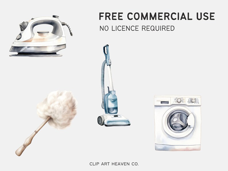 May include: A watercolour illustration of household cleaning supplies, including a white iron, a blue and grey vacuum cleaner, a white washing machine, and a white duster with a wooden handle. The text "FREE COMMERCIAL USE NO LICENCE REQUIRED" is at the top of the image.