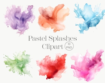 Pastel Watercolor Splashes Clipart: Abstract Brush Strokes (10 PNG)