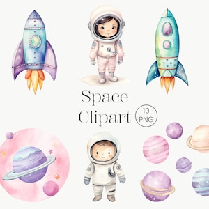 Paquete de imágenes prediseñadas espaciales de acuarela 10 imágenes prediseñadas de cohetes PNG, imágenes prediseñadas de vivero de astronautas, nave espacial de astronautas, estrellas y luna PNG, descarga digital