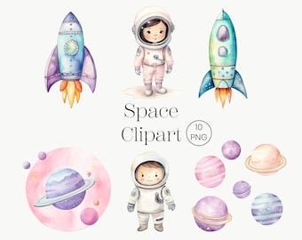 Watercolor Space Clipart Bundle 10 PNG Rocket Clipart, Astronaut Nursery Clipart, Astronaut Spaceship, Stars and Moon PNG, Digital Download