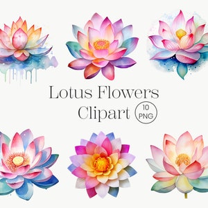 Watercolor Lotus Clipart, 10 PNG Lotus PNG, Floral Clipart, Junk Journal, Lotus Art, Digital Download, Bundle Scrapbook, Sublimation PNG