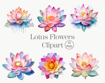 Clipart de flor de loto en acuarela: 10 imágenes PNG de arte floral (descarga digital)