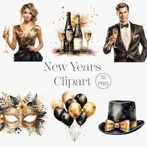 Célébration Clipart bundle 10 PNG Bonne année 2024 PNG Élégant Célébration Clipart Transparent Fond Utilisation commerciale Or et Noir