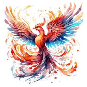 Watercolor Phoenix Clipart 10 JPG Magical Phoenix Bird Printable Gold Red Blue Floral Fire Colorful Bird Mythological Digital Download