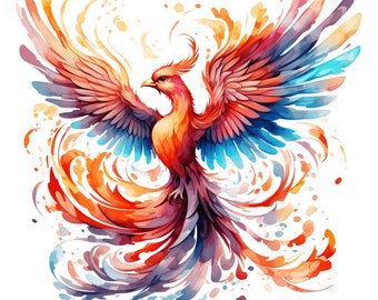 Aquarell Phoenix Clipart 10 JPG Magischer Phoenix Vogel Printable Gold Rot Blau Blumen Feuer Bunter Vogel Mythologisch Digitaler Download