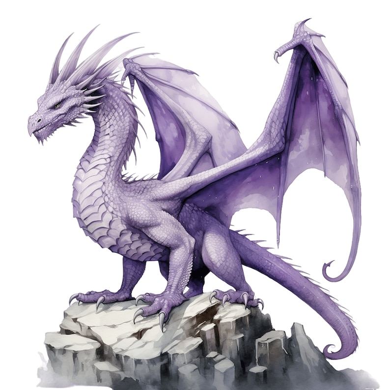 Puede incluir: Un drag&oacute;n morado con las alas extendidas, de pie sobre un afloramiento rocoso. El drag&oacute;n tiene un hocico largo y puntiagudo y garras afiladas.