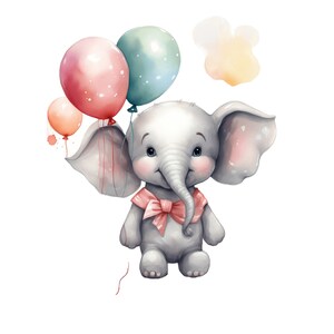 Baby Elephant Balloons Clipart | 10 JPG | Watercolor Birthday Clipart ...
