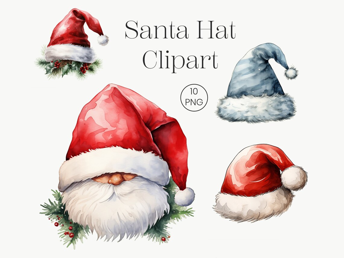 Watercolor Santa Hat Clipart | Christmas PNG Graphics (10 Files) - Etsy