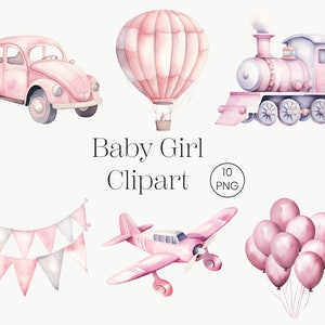 Viaggio vintage ragazza parete arte 10 PNG bambina acquerello Clipart stampabile trasporto Boho Nursery Decor rosa mongolfiera aereo treno