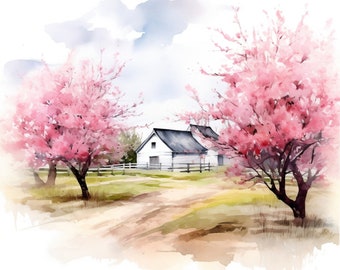 水彩画の春の風景クリップアート：桜の川の風景（JPG画像） - Etsy 日本