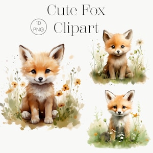 Clipart renard mignon, 10 PNG de haute qualité, renard PNG, animal de la forêt, décoration de baby shower, art de la chambre d'enfant, téléchargement numérique, renard aquarelle