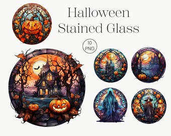 Halloween Stained Glass Clipart | Spooky Watercolor Pumpkin PNG (Digital Download)
