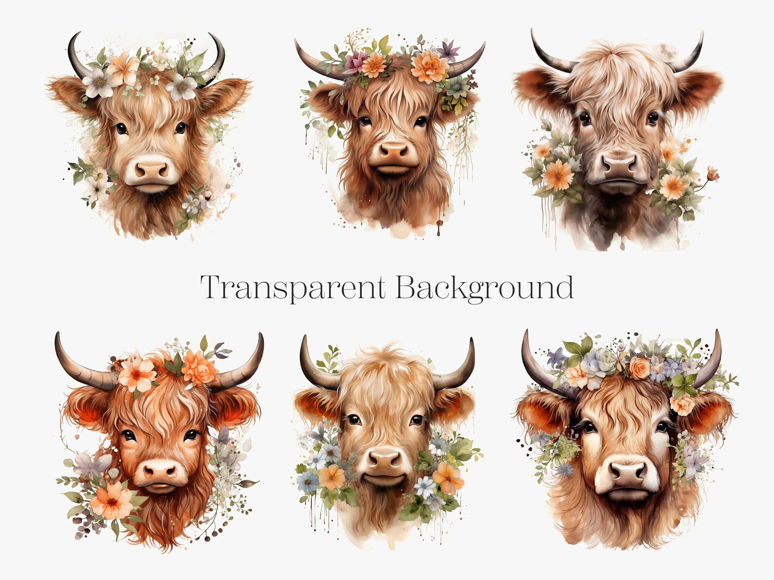 Watercolor Highland Cow Clipart, Floral, Farm Animal PNG (digital ...