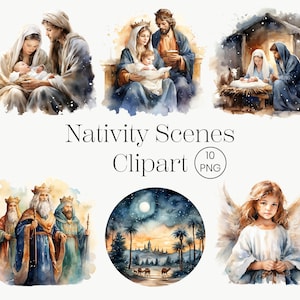 Clipart della scena della Natività dell'acquerello / 10 PNG / Clipart del set della Natività di Gesù, Pasqua, Clipart di Gesù di Natale, Clipart di Gesù bambino, Uso commerciale