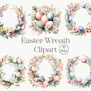 Clipart ghirlanda di Pasqua dell'acquerello 10 PNG grafica dell'uovo di Pasqua, floreale, uovo di Pasqua primavera floreale Clipart ghirlanda di fiori primaverili