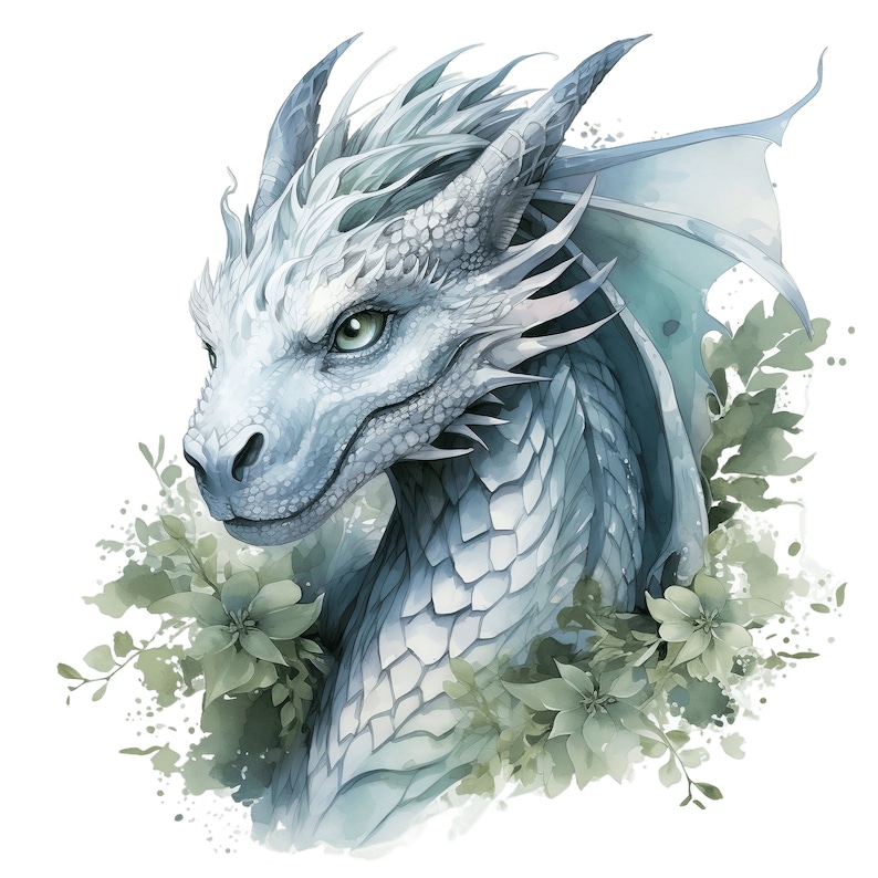 Puede incluir: Un drag&oacute;n blanco con escamas azules y verdes, con un efecto acuarela, est&aacute; rodeado de hojas y flores verdes.