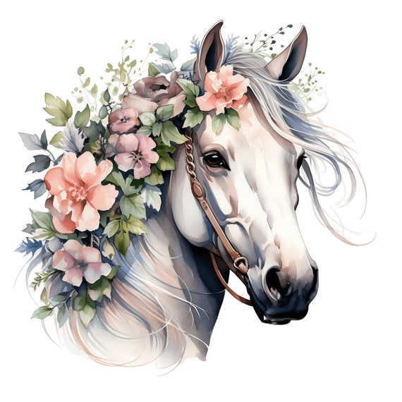 花の馬のクリップアート | 10 JPG | 馬の水彩画 印刷可能な水彩画