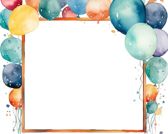 Watercolor Birthday Party Borders and Frames 10 JPG Balloons Clipart Bundle, Birthday frame White Background Digital Download
