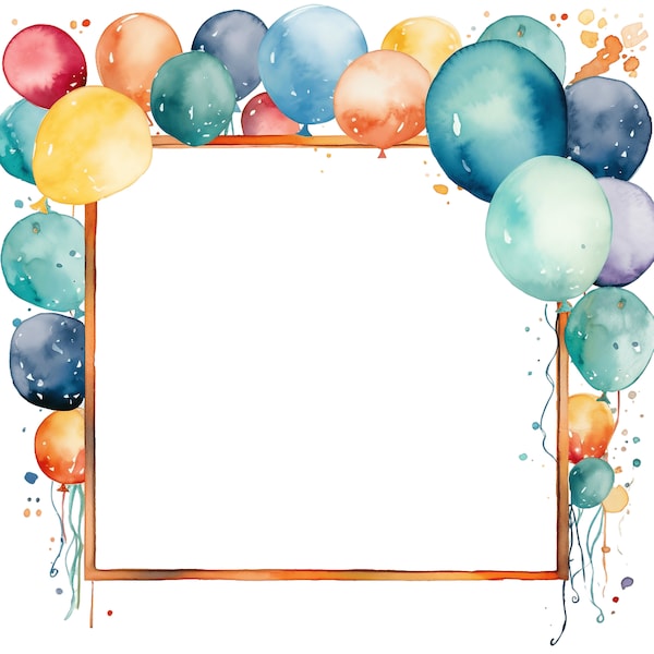 Aquarell Geburtstagsparty Rahmen und Rahmen 10 JPG Luftballons Clipart Bundle, Geburtstagsrahmen Weißer Hintergrund Digitaler Download