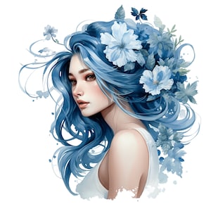 Blue Hair Girls Clipart 10 JPG Watercolor Pastel Blue Hair Woman Princess Mermaid Magical Girl Art Print Digital Download Svg Commercial Use