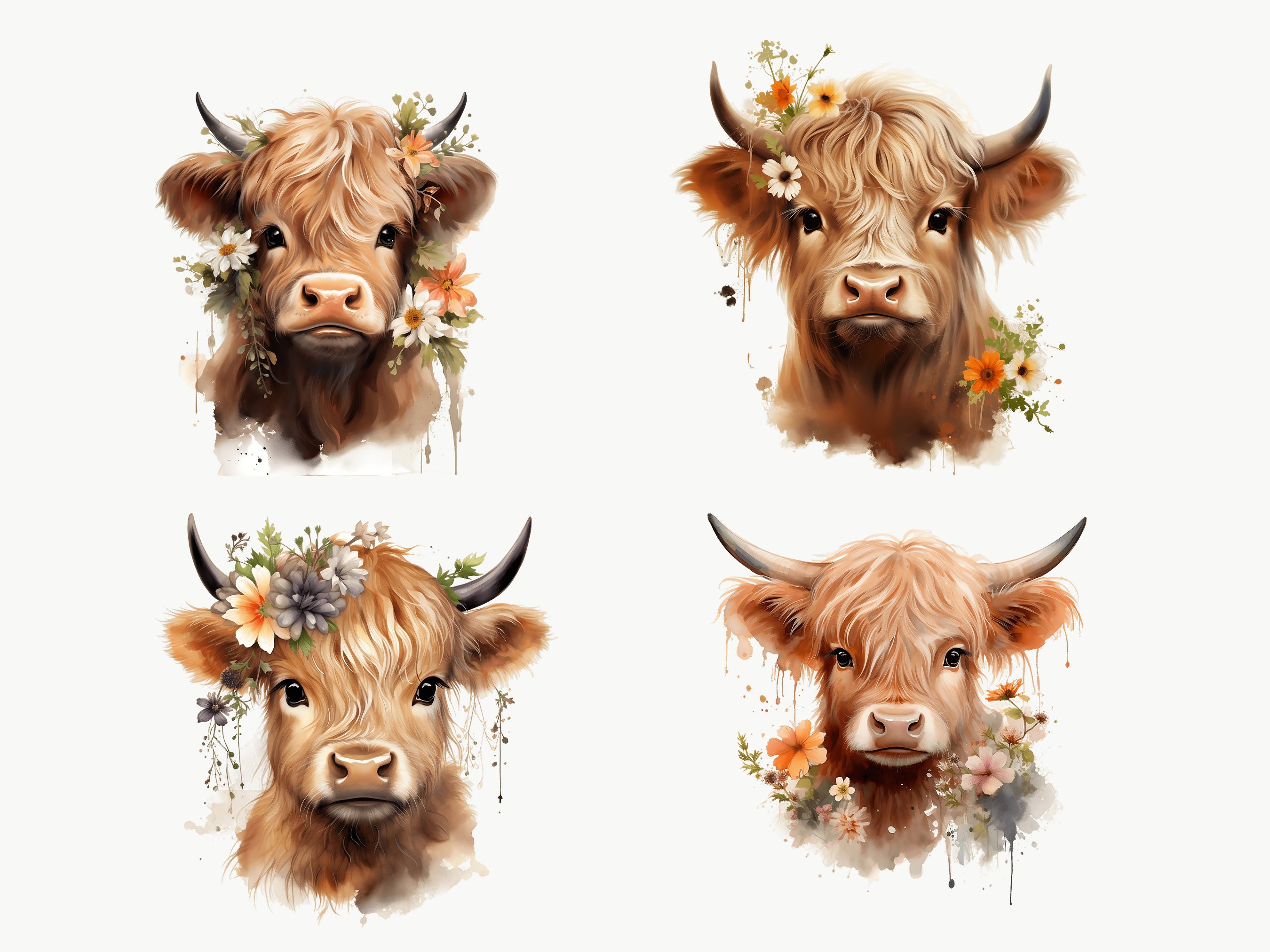 Watercolor Highland Cow Clipart, Floral, Farm Animal PNG (digital ...