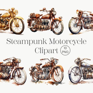 Steampunk Motorcycle Clipart, 10 moto PNG Steampunk Art, moto d'epoca, Scrapbook Clipart, sublimazione, download digitale