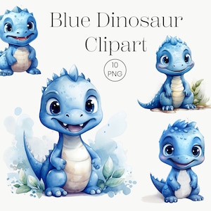 Clipart aquarelle bleu Dino mignon | 10 baby showers dinosaures PNG transparents, téléchargement numérique | Décoration murale pour enfants, T-Rex, bébés dinosaures