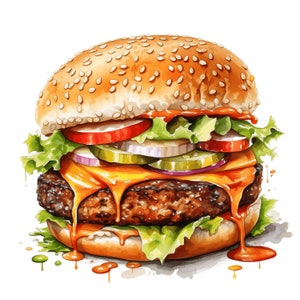 Watercolor Burger clipart, 10 JPG Fast food clipart bundle, Hamburger Clipart, Fast Food, Sublimation, Scrapbooking Digital PNG