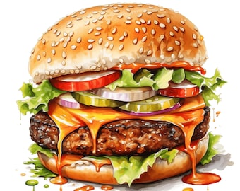 Clipart Burger aquarelle : Fast-Food numérique PNG (10 JPG)