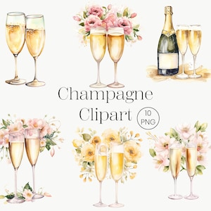 Wedding Champagne Clipart, 10 PNG, Wedding Glasses Card, Champagne Glasses Clipart, Printable Watercolor High Quality Paper Crafts