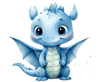 May include: A cute blue baby dragon with large eyes and a friendly smile. The dragon has wings and a tail and is standing on a white background.