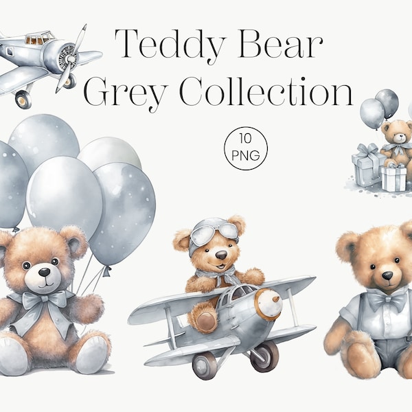 Watercolor Grey Teddy Bear 10 Clipart | Light grey Gift Decor Toy Ballons Plane |Birthday party, Newborn Baby Showers